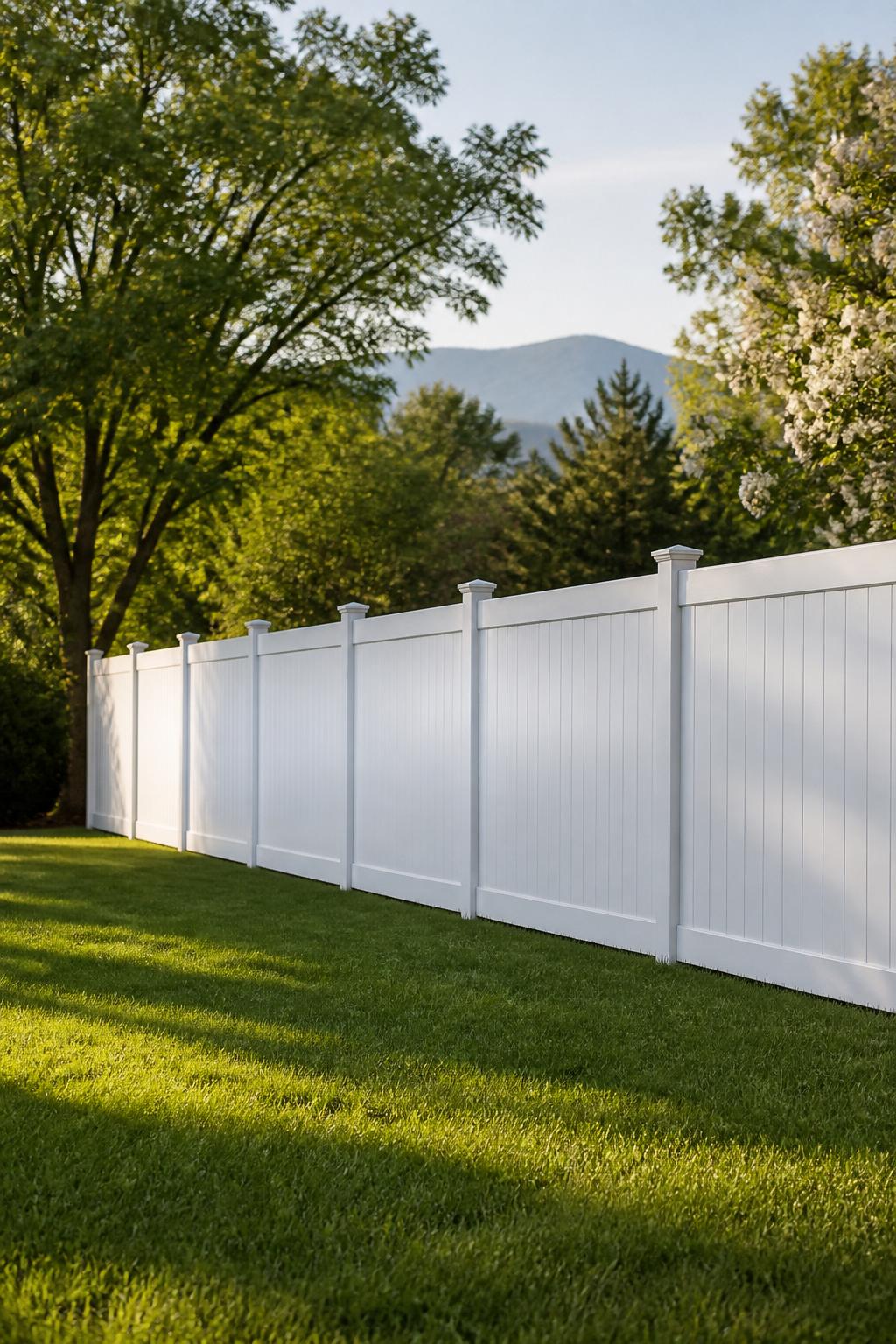 White vinyl privacy fence in a Virginia backyard with Blue Ridge mountains in the distance
