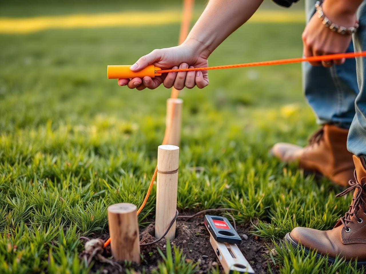 Fence installer pulling a mason's string line across a Virginia lawn